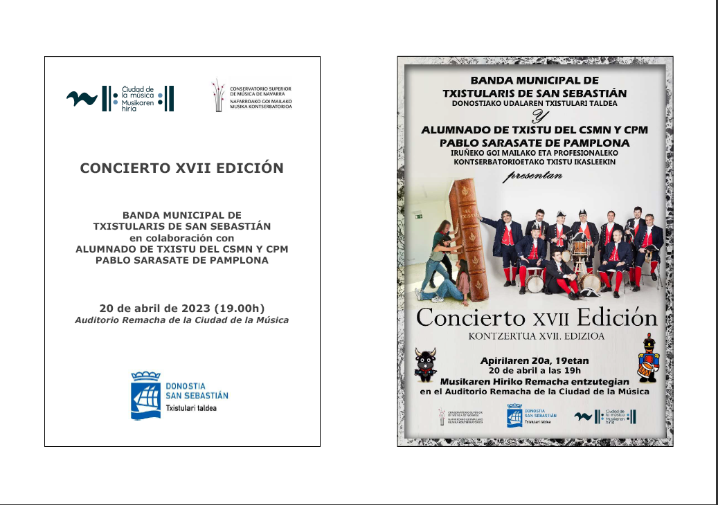 Arranca la XVII edición del concierto de colaboración entre la Banda Municipal de Txistularis de San Sebastián y el alumnado de txistu del Conservatorio Superior de Música de Navarra